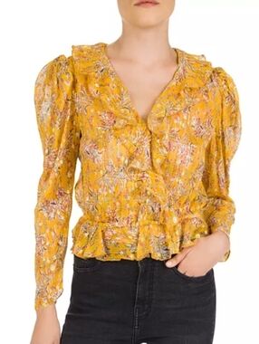 The Kooples Feuille D'or Ruffled Floral Silk and Metallic Blouse Puff Sleeve 1 S